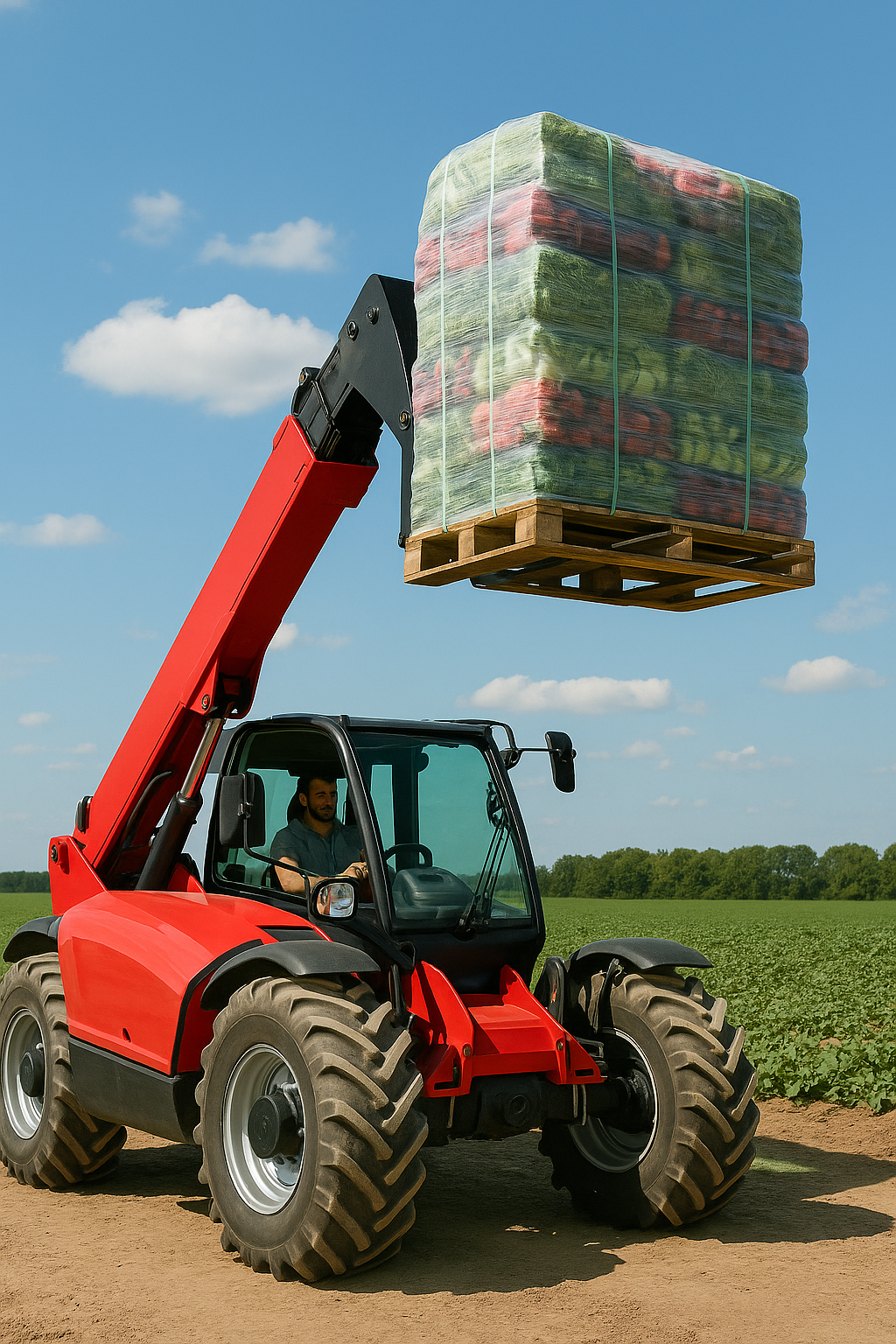 Muestra una telescópica levantando un palet de verduras frescas en el campo, destacando su papel agrícola.