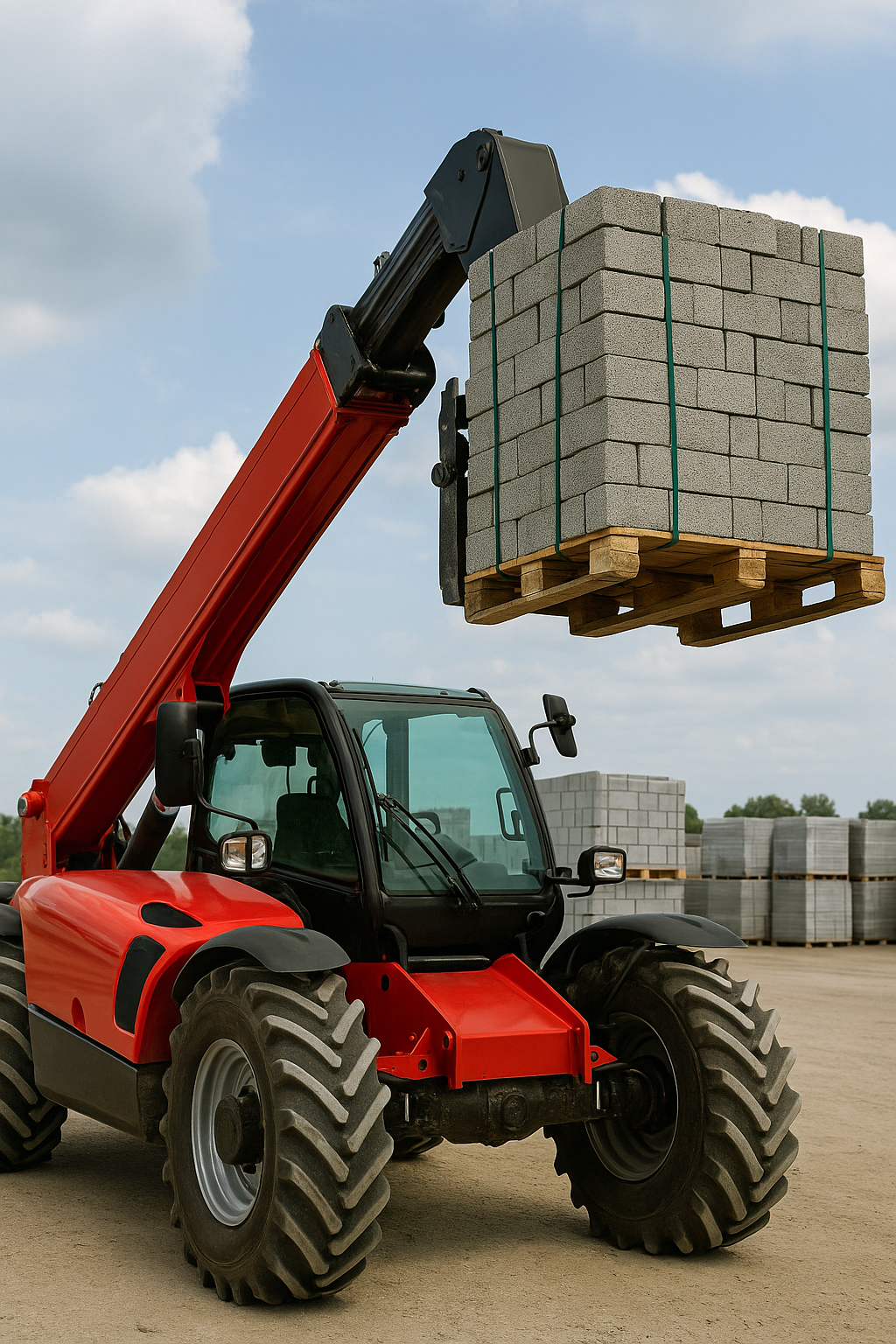 Muestra una telescópica levantando un palet con bloques de hormigón, destacando su papel obras.
