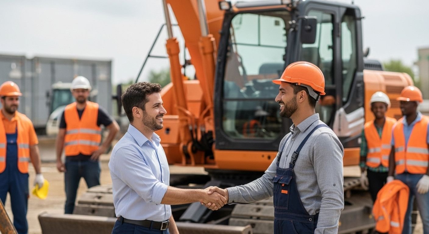 Hombres en obra, saludo profesional.
