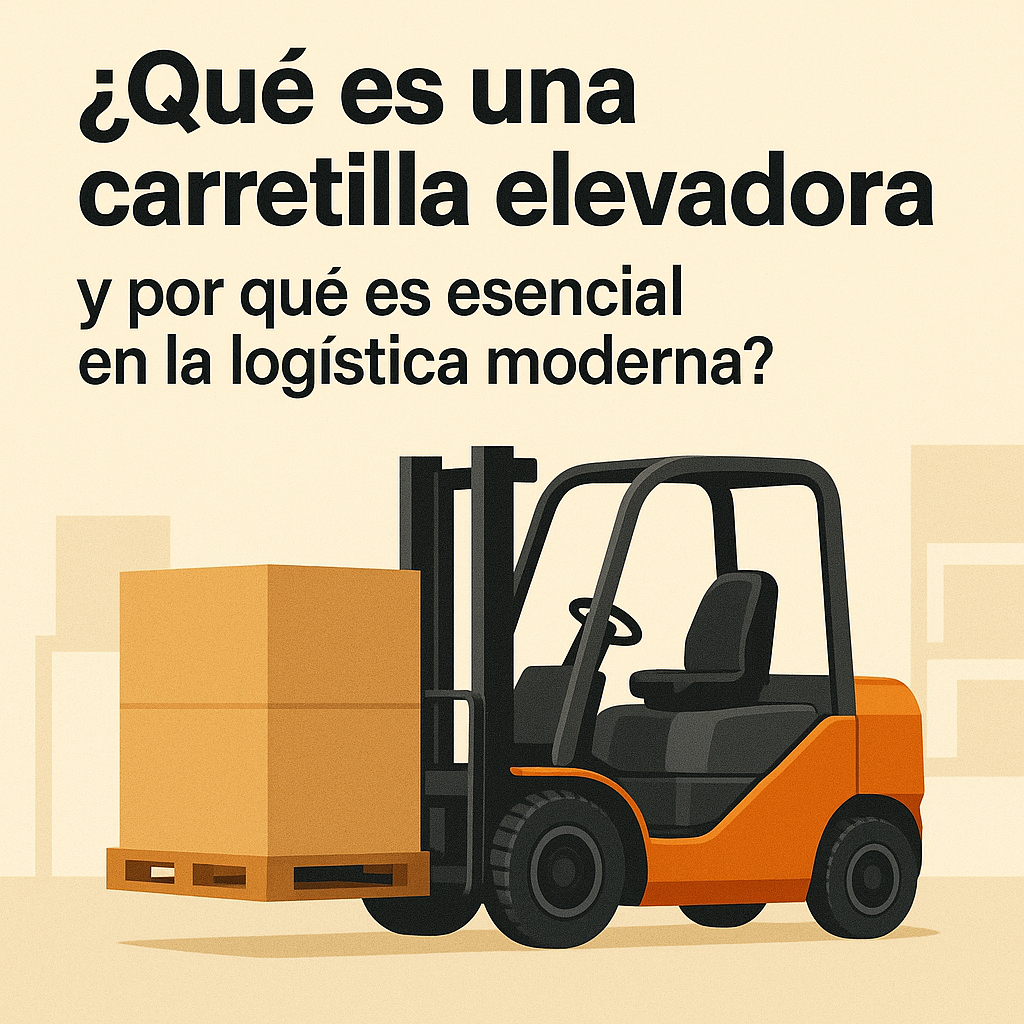 QUE ES UNA CARRETILLA ELEVADORA "Carretilla elevadora naranja levantando un palé en un almacén, con el texto en español: ¿Qué es una carretilla elevadora y por qué es esencial en la logística moderna?"
