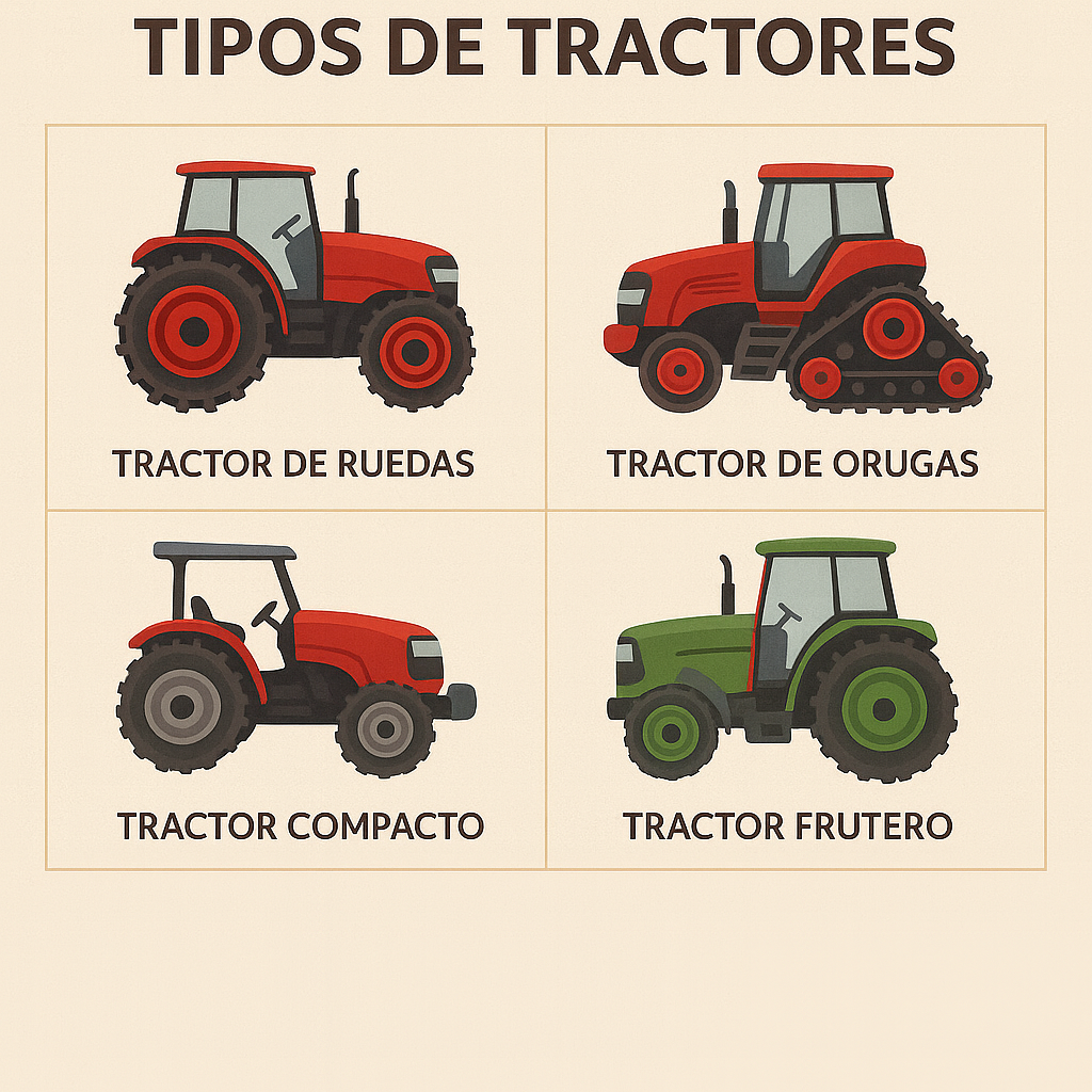 "Infografía educativa con diferentes tipos de tractores agrícolas: ruedas, orugas, compactos y fruteros."