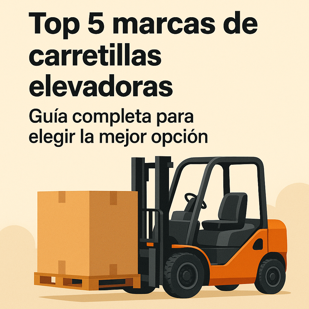 "Carretilla elevadora naranja levantando un palé de mercancía con el texto Top 5 marcas de carretillas elevadoras, guía completa para elegir la mejor opción."
