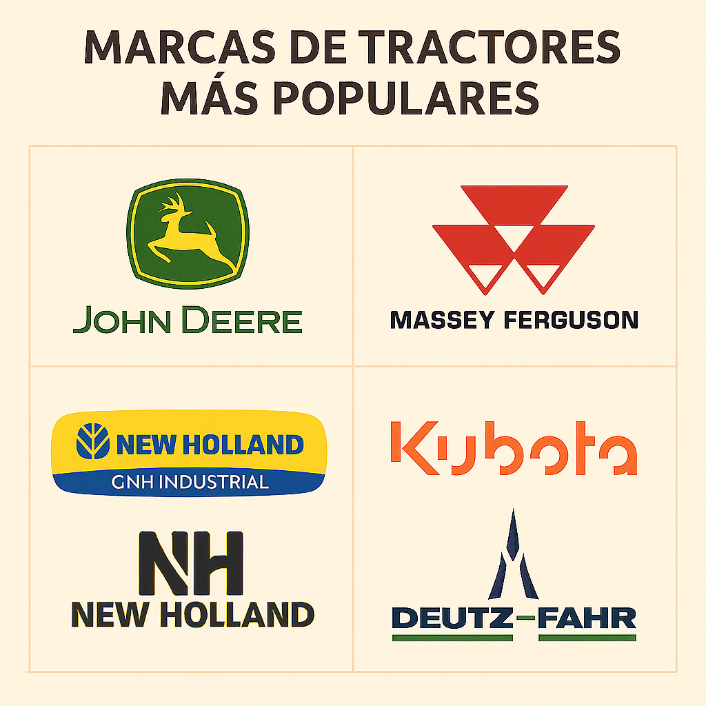 "Infografía con logotipos de marcas de tractores más populares: John Deere, Massey Ferguson, Kubota y Deutz-Fahr."