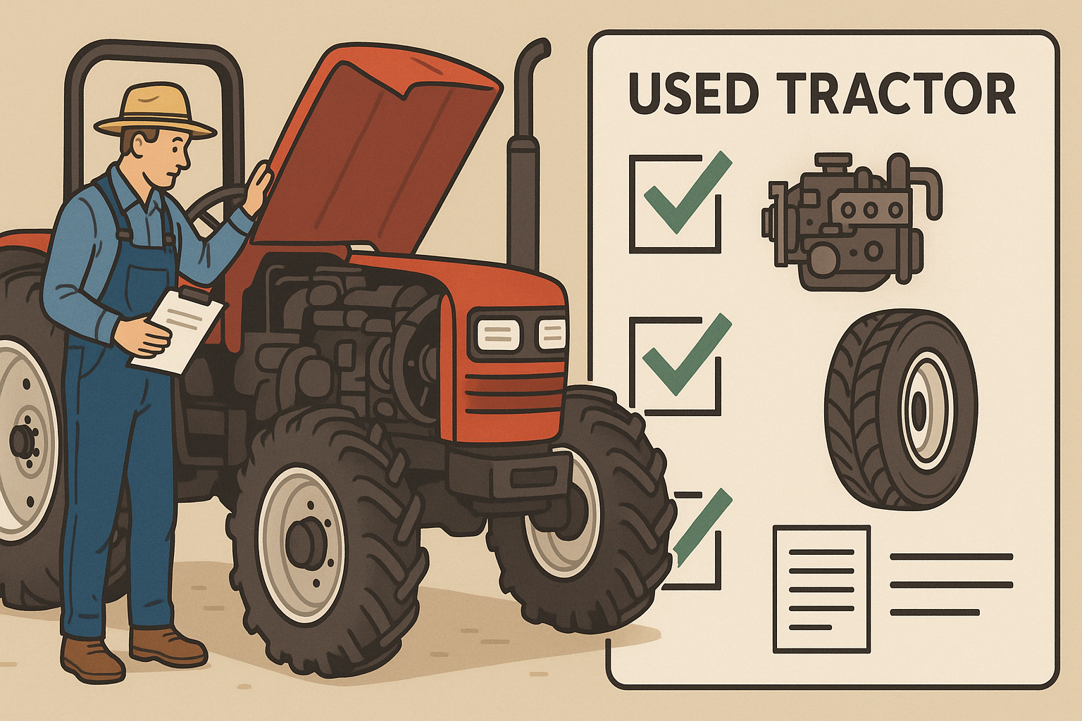 Ilustración de una guia para comprobar el estado de un tractor usado